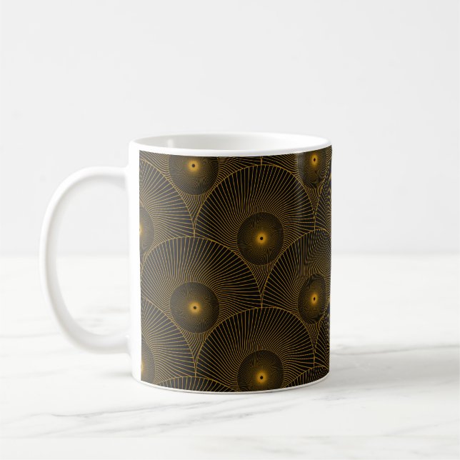asian round feathers seamless pattern in gold blac coffee mug (Left)
