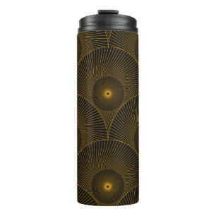 asian round feathers seamless pattern in gold blac thermal tumbler