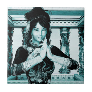 Asian Royal Woman Blue Portrait Art Ceramic Tile