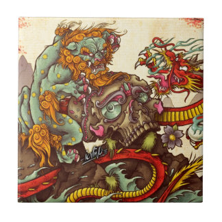 Asian scene with foo dog and dragon ceramic tile
