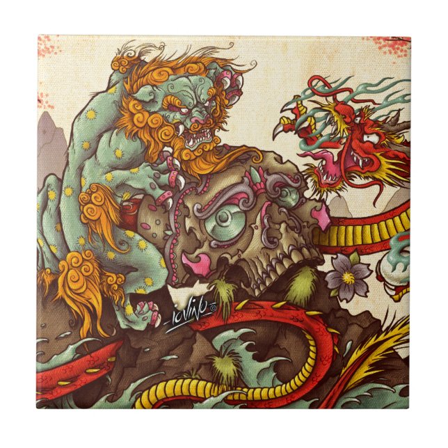 Asian scene with foo dog and dragon ceramic tile (Front)