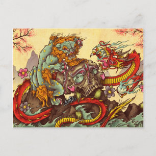 Asian scene with foo dog and dragon postcard