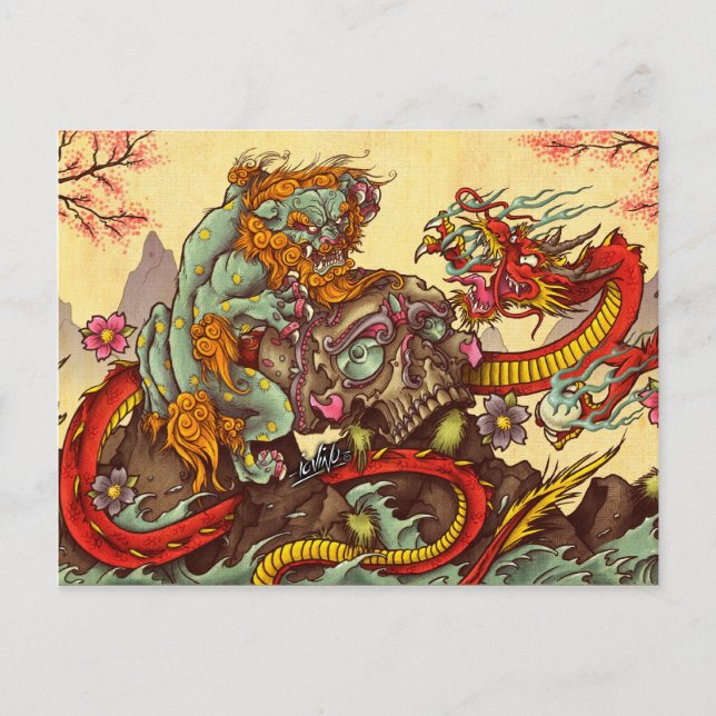 Asian scene with foo dog and dragon postcard (Front)