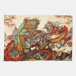 Asian scene with foo dog and dragon tea towel
