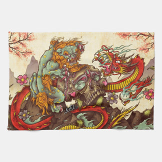 Asian scene with foo dog and dragon tea towel