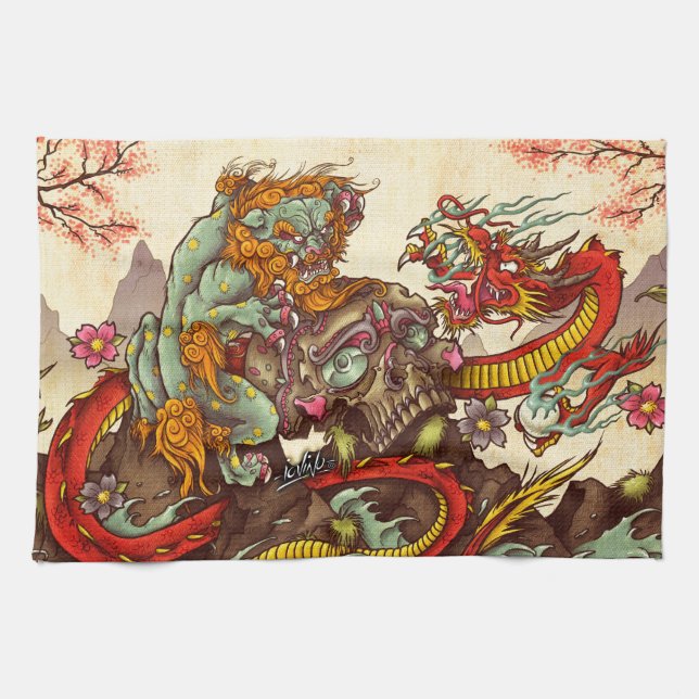 Asian scene with foo dog and dragon tea towel (Horizontal)