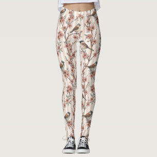 Asian Sparrow Cherry Blossom Peach Stripes Leggings
