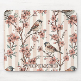 Asian Sparrow Cherry Blossom Peach Stripes Mouse Pad
