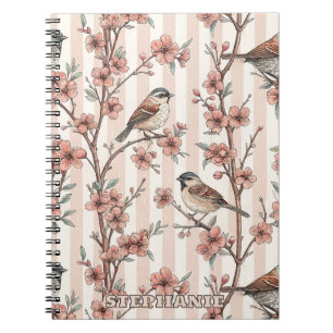 Asian Sparrow Cherry Blossom Peach Stripes Notebook