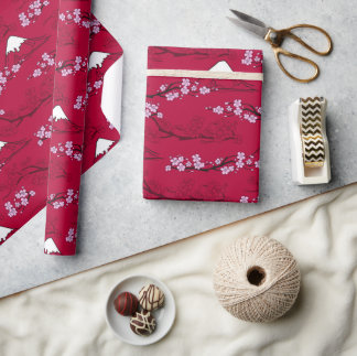 Asian-style cherry blossoms Mt. Fuji & red BG Wrapping Paper