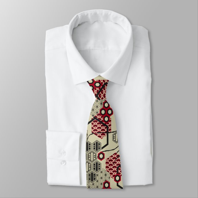 Asian style hexagon red and black pattern tie (Tied)