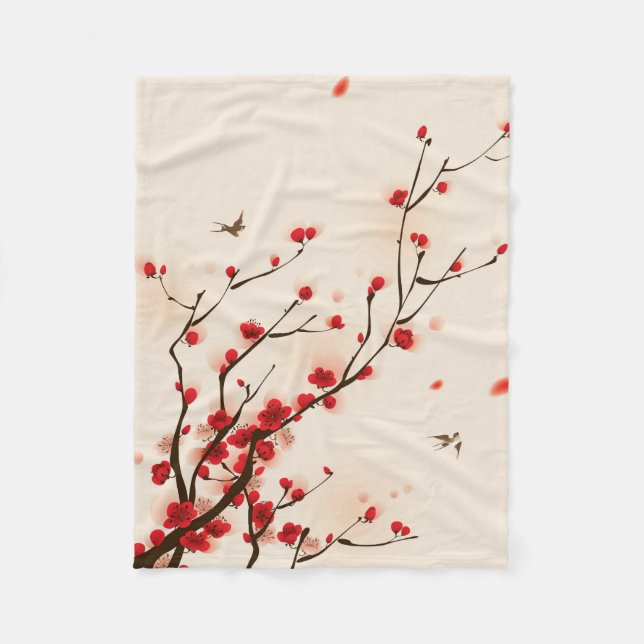 Asian Style Painting, Plum Blossom in Spring Fleece Blanket (Front)