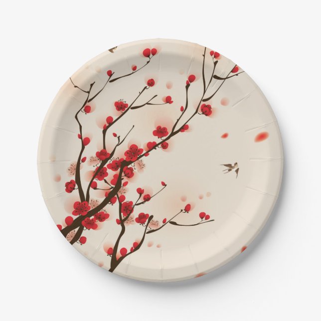 Asian Style Painting Plum Blossom in Spring Paper Plate (Front)