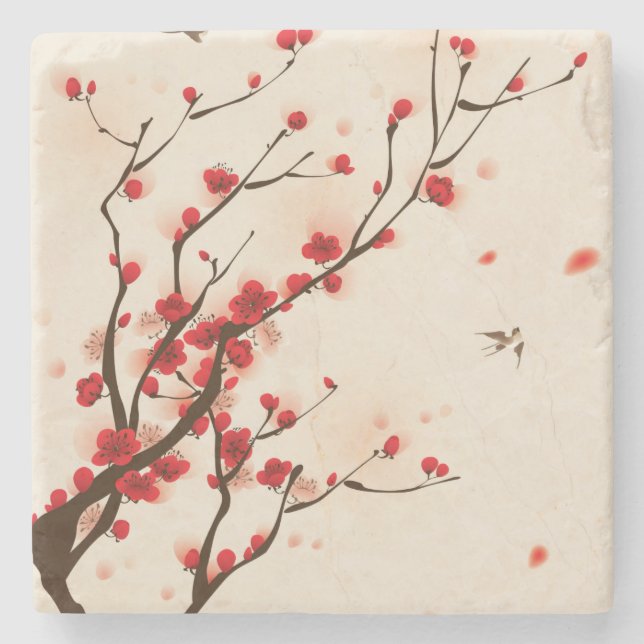Asian Style Painting, Plum Blossom in Spring Stone Coaster (Front)