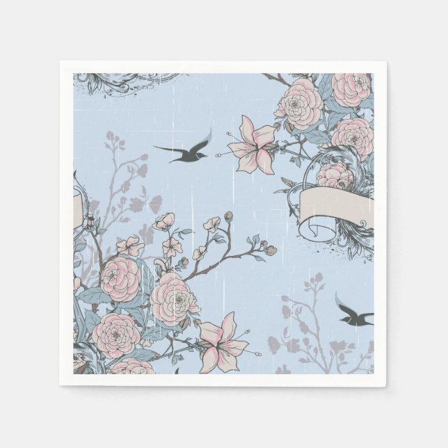 Asian Style Pastel Pink Lilies and Roses on Blue Napkin (Front)