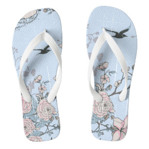 Asian Style Pastel Pink Lilies and Roses on Blue Thongs