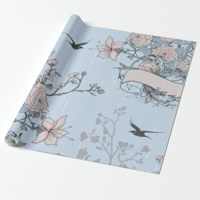 Asian Style Pastel Pink Lilies and Roses on Blue Wrapping Paper (Unrolled)