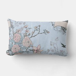Asian Style Pink Lilies and Roses on Blue Lumbar Cushion