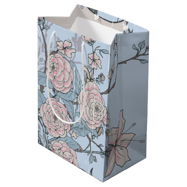 Asian Style Pink Lilies and Roses on Blue Medium Gift Bag (Back Angled)