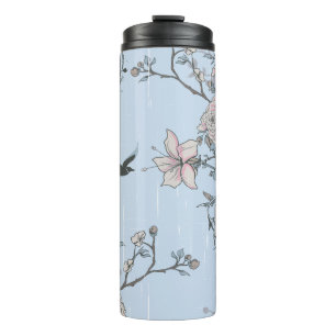 Asian Style Pink Lilies and Roses on Blue Thermal Tumbler