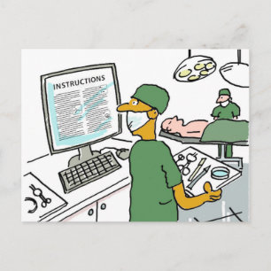 Asian Surgeon Checks Instructions. Funny Postcard