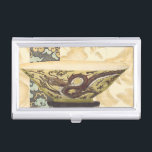 Asian Tapestry with Bowl and Dragon Design Business Card Holder<br><div class="desc">A Vision Studios creation,  this decorative Asian tapestry style painting features a lovely bowl with a great dragon design. The bowl is set against a cream background with floral print. Give this as a gift,  or purchase it for yourself!</div>