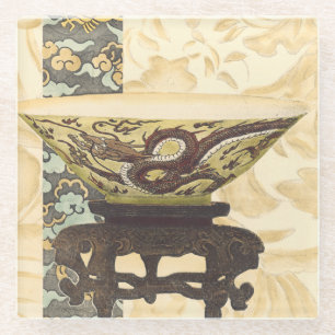 Asian Tapestry with Bowl and Dragon Design Glass Coaster