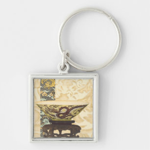 Asian Tapestry with Bowl and Dragon Design Key Ring