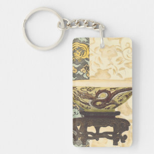 Asian Tapestry with Bowl and Dragon Design Key Ring
