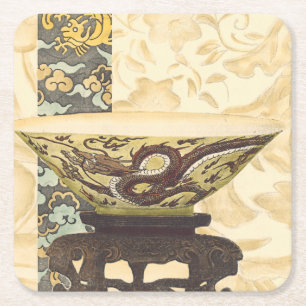 Asian Tapestry with Bowl and Dragon Design Square Paper Coaster