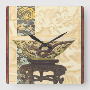 Asian Tapestry with Bowl and Dragon Design Square Wall Clock