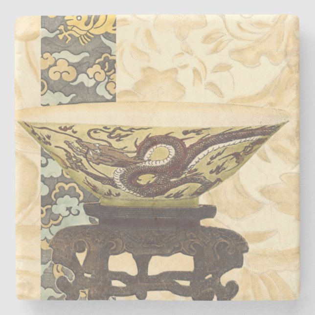 Asian Tapestry with Bowl and Dragon Design Stone Coaster (Front)