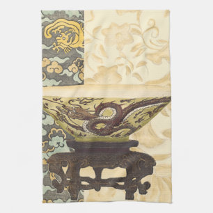 Asian Tapestry with Bowl and Dragon Design Tea Towel