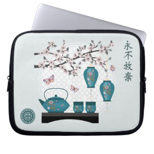 Asian tea set lantern cherry blossom design laptop sleeve