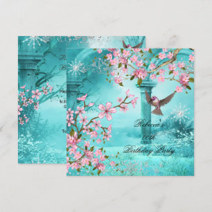 Asian Teal Pink Blossom Birthday Party Bird 2 Invitation