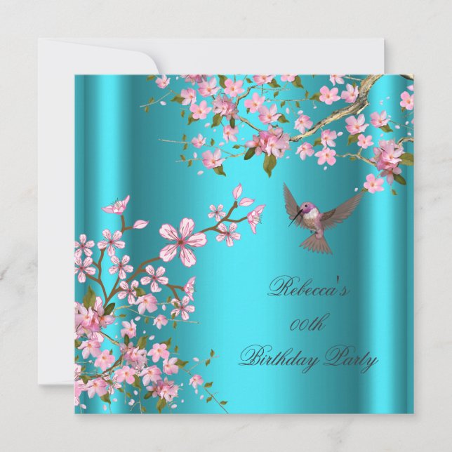 Asian Teal Pink Blossom Birthday Party Bird Invitation (Front)