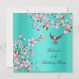 Asian Teal Pink Blossom Birthday Party Bird Invitation