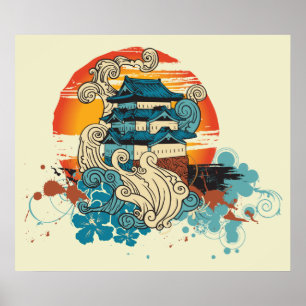 Asian Temple Pagoda and sun custom print poster