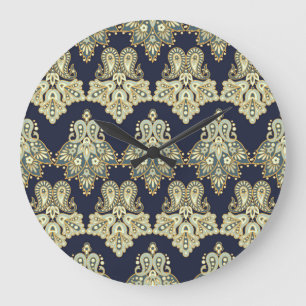Asian Textile: Floral Paisley Illustration Large Clock