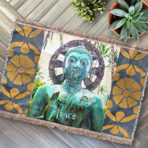 Asian Turquoise Buddha Statue Photo Peace Quote  Throw Blanket