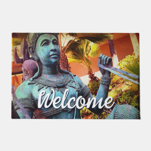 Asian Turquoise Warrior Statue Photo Welcome Doormat