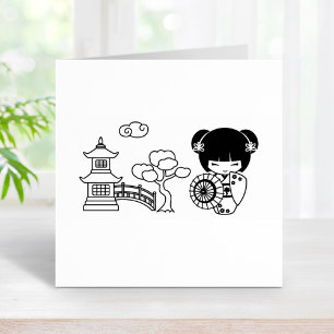 Asian Umbrella Geisha Girl in Kimono Scrapbook Rubber Stamp