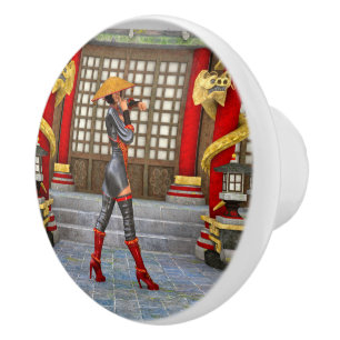 Asian Warrior Maiden Fantasy Samurai Artwork Ceramic Knob