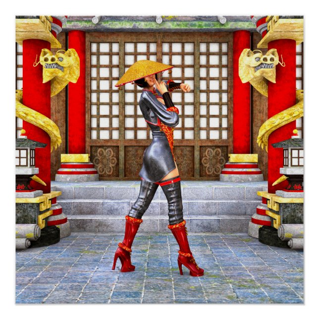 Asian Warrior Maiden Fantasy Samurai Artwork Poster (Front)