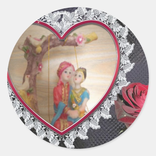 Asian Wedding Couple on Heart Swing Art Print/ Classic Round Sticker (Front)