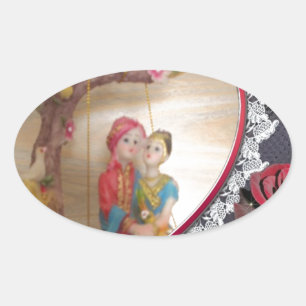 Asian Wedding Couple on Heart Swing Art Print/ Oval Sticker