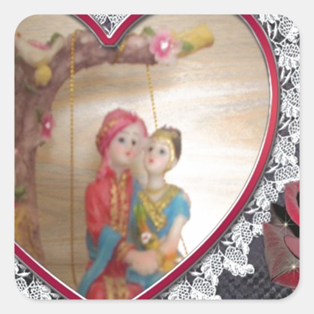 Asian Wedding Couple on Heart Swing Art Print/ Square Sticker (Front)