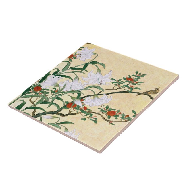 Asian White Lilies Red Roses Flowers Bird Tile (Side)