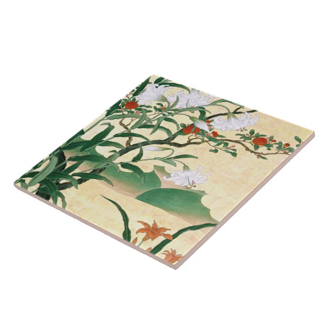 Asian White Lilies Red Roses Flowers Tile (Side)