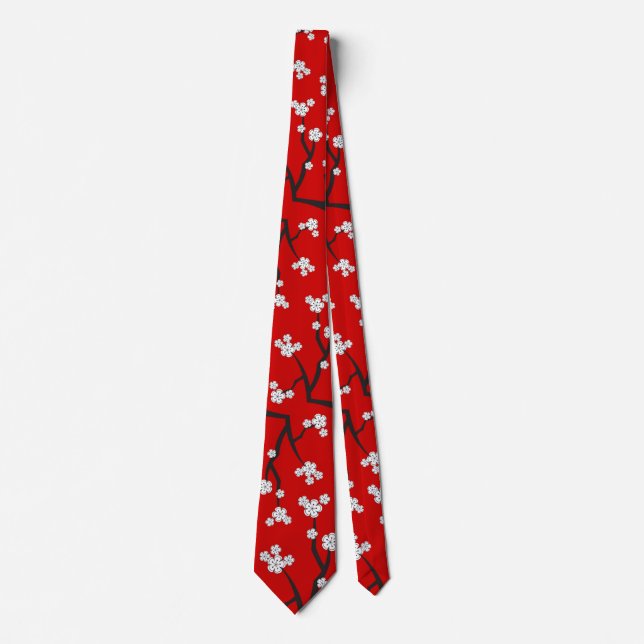 Asian White Sakura Oriental Cherry Blossoms Tie (Front)